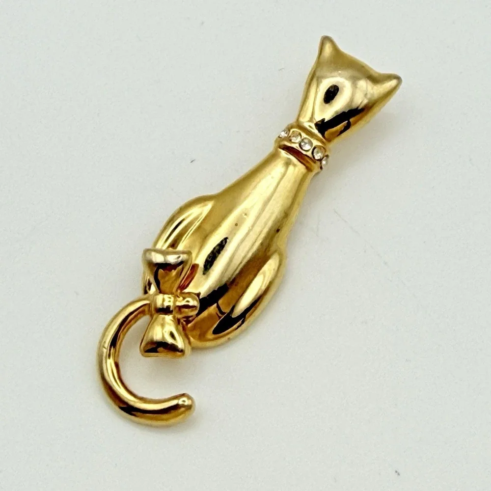 Vintage AAI Articulated Cat Brooch Gold Tone Moving Tail Rhinestones Figural Pin